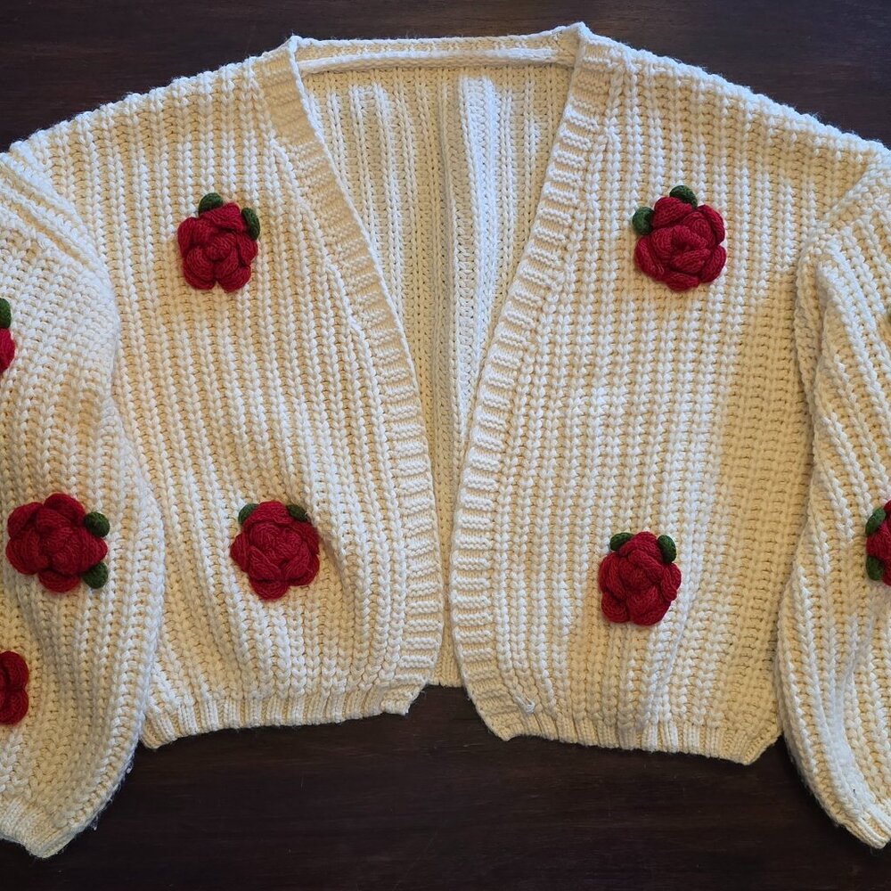 Cider Thick Knit Vneck Rosette Oversized Cardigan Cream w 3D Roses Womens Small